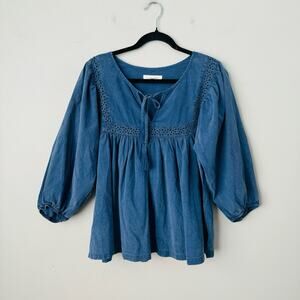 Cleo And Wolf Denim Blue Puffer Sleeve Flowy Blouse Women’s Size L